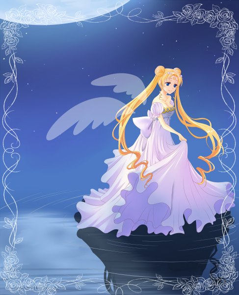 Anime picture 1000x1230 with bishoujo senshi sailor moon toei animation tsukino usagi princess serenity single long hair tall image blue eyes blonde hair twintails bare shoulders girl dress wings moon