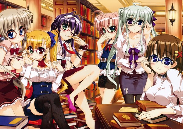 Anime picture 9910x7007 with mahou shoujo lyrical nanoha yagami hayate takamachi vivio einhart stratos miura rinaldi corona timir rio wezley fujima takuya long hair looking at viewer blush highres short hair blue eyes blonde hair smile brown hair sitting twintails multiple girls