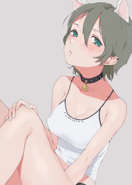 Anime picture 1280x1790 with original uni (melm) single tall image looking at viewer blush short hair breasts light erotic simple background hair between eyes large breasts sitting green eyes animal ears cleavage bent knee (knees) from above grey hair grey background