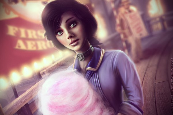 Anime picture 1920x1280 with bioshock infinite elizabeth (bioshock infinite) eddy-shinjuku single long hair highres open mouth brown hair signed looking away grey eyes lipstick girl choker cotton candy