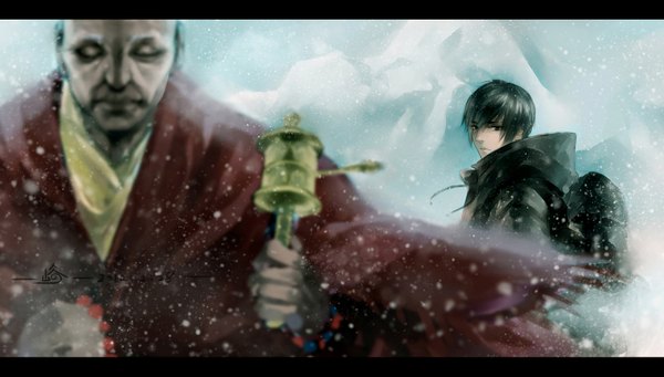 Anime picture 1700x967 with daomu (grave robbery note) kylin zhang yoku (liuyc) short hair black hair wide image eyes closed black eyes snowing letterboxed winter snow old man boy backpack