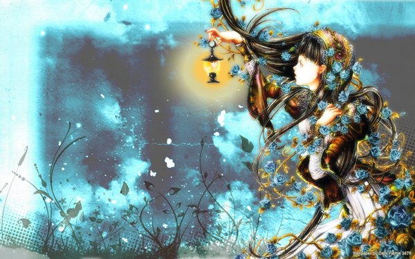 Anime picture 1280x800 with tukiji nao (green glass) long hair black hair wide image sky cloud (clouds) profile girl plant (plants) rose (roses) lantern blue rose