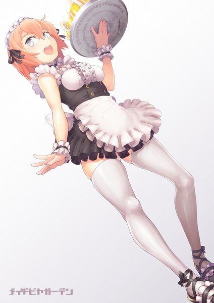 Anime picture 1697x2400 with original ayaki (artist) single tall image short hair open mouth simple background white background purple eyes looking away orange hair from below maid zettai ryouiki girl thighhighs dress white thighhighs frills headdress