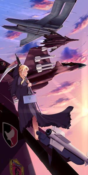 Anime picture 1610x3200 with idolmaster hoshii miki thompson long hair tall image blonde hair signed sky cloud (clouds) eyes closed flying girl weapon scythe airplane jet