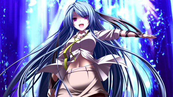Anime picture 1280x720 with gensou no idea makita maki single long hair looking at viewer open mouth wide image purple eyes blue hair game cg midriff glowing girl skirt navel shirt