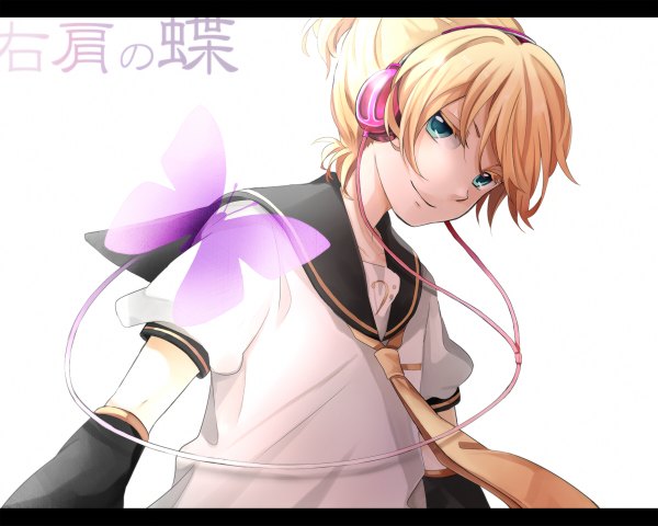 Anime picture 1200x960 with vocaloid migikata no chou (vocaloid) kagamine len tama (songe) single looking at viewer short hair blonde hair simple background smile white background aqua eyes letterboxed boy detached sleeves headphones insect butterfly wire (wires)