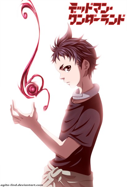 Anime picture 1000x1461 with deadman wonderland igarashi ganta aagito single tall image short hair black hair white background profile black eyes coloring magic hieroglyph boy blood