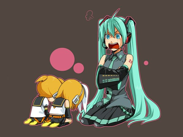 Anime picture 1024x768 with vocaloid hatsune miku kagamine rin kagamine len brown background girl mknown