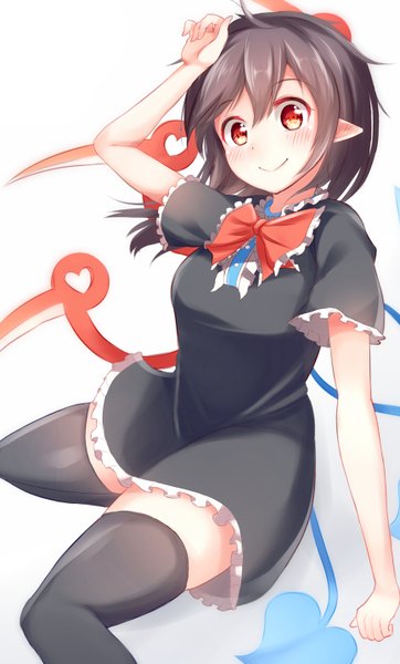 Anime picture 866x1432 with touhou houjuu nue igayan single long hair tall image looking at viewer blush short hair black hair simple background smile red eyes sitting from above pointy ears hand on head asymmetrical wings girl thighhighs