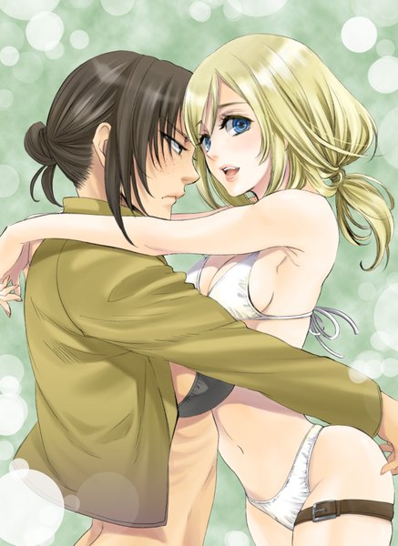 Anime picture 1237x1697 with shingeki no kyojin production i.g krista lenz ymir (shingeki no kyojin) inaridoh long hair tall image blush breasts open mouth blue eyes light erotic blonde hair brown hair bare shoulders multiple girls brown eyes ponytail bare belly hug