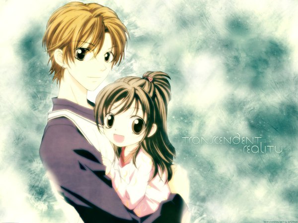 Anime picture 1600x1200 with aishiteruze baby yuzuyu sakashita katakura kippei sputnikxii looking at viewer short hair blonde hair smile brown hair brown eyes signed wallpaper half updo third-party edit carrying girl boy