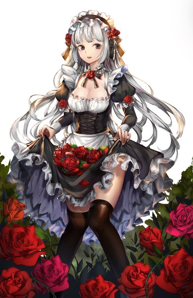 Anime picture 650x1000 with original dermiss single long hair tall image looking at viewer open mouth light erotic white background purple eyes silver hair girl thighhighs dress flower (flowers) black thighhighs petals rose (roses) red rose lolita hairband
