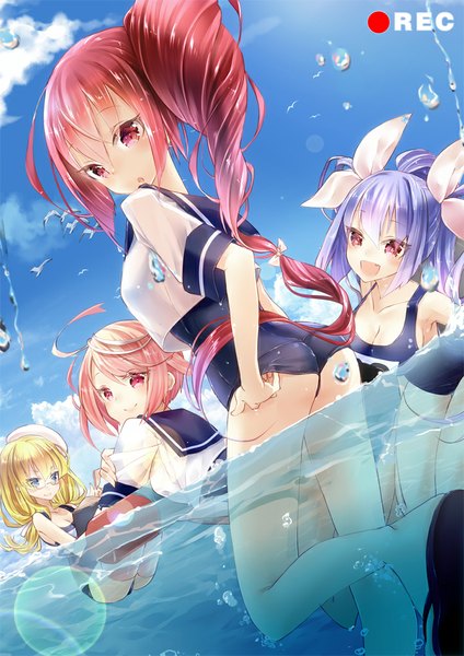 Anime picture 723x1023 with kantai collection i-19 submarine i-58 submarine i-168 submarine i-8 submarine 218 long hair tall image blush breasts open mouth blue eyes light erotic blonde hair smile red eyes large breasts twintails multiple girls blue hair