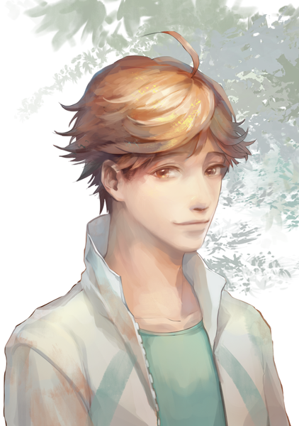 Anime picture 616x875 with haikyuu!! production i.g ooikawa tooru jungyoon kim single tall image looking at viewer short hair brown hair white background brown eyes upper body ahoge light smile lips realistic portrait boy uniform plant (plants)