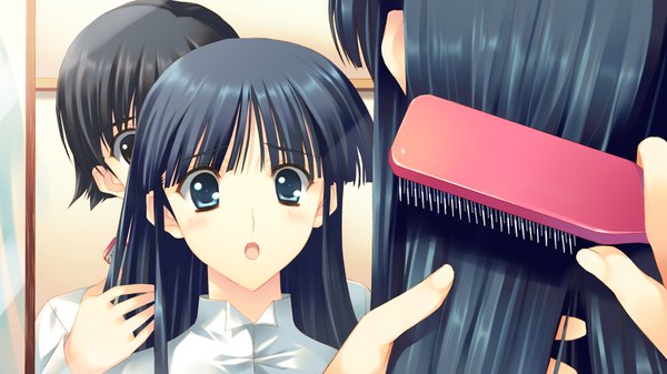 Anime picture 1280x720 with white album 2 touma kazusa long hair open mouth blue eyes black hair wide image game cg girl boy