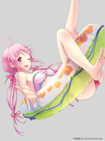 Anime picture 640x853 with ilog sakuragi kokoro occhan single long hair tall image looking at viewer fringe open mouth light erotic simple background twintails bare shoulders pink hair bent knee (knees) one eye closed pink eyes barefoot wink grey background