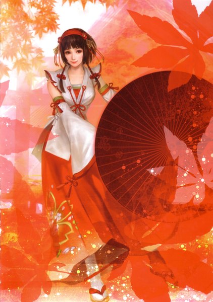 Anime picture 2468x3508 with sengoku musou okuni (samurai warriors) tagme (artist) single tall image highres short hair smile brown hair brown eyes full body braid (braids) japanese clothes official art girl detached sleeves hairband leaf (leaves) umbrella oriental umbrella