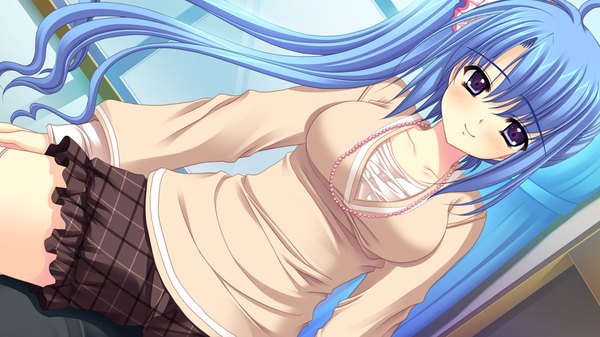 Anime picture 1280x720 with world wide love! (game) munemoto tsubakiko long hair wide image purple eyes blue hair game cg ponytail girl