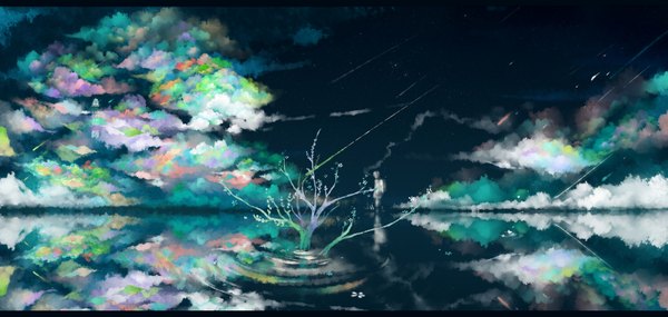 Anime picture 1683x800 with mushishi ginko _cmyk single wide image standing sky cloud (clouds) rain landscape abstract boy flower (flowers) plant (plants) tree (trees) water leaf (leaves) star (stars) branch