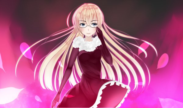 Anime picture 2600x1538 with original aoiken single long hair blush highres blonde hair wide image lips grey eyes girl dress petals glasses
