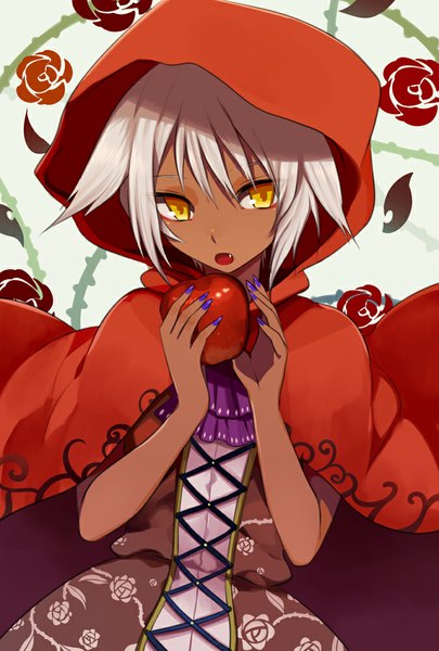 Anime picture 676x1000 with original harano single tall image short hair open mouth yellow eyes white hair girl dress flower (flowers) hood fruit apple