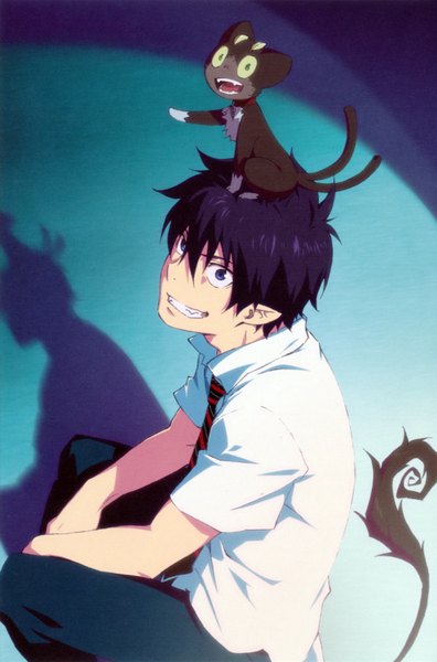 Anime picture 2186x3315 with ao no exorcist a-1 pictures okumura rin kuro (ao no exorcist) tall image fringe highres short hair blue eyes black hair sitting tail pointy ears teeth shadow fang (fangs) grin multiple tails demon animal on head