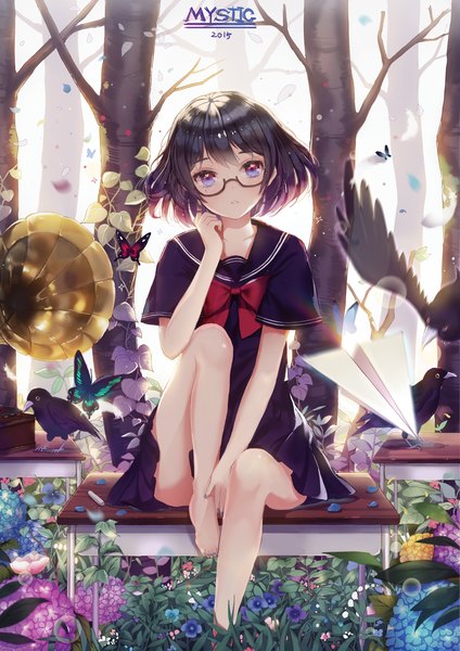 Anime picture 1200x1697 with original dangmill single tall image looking at viewer short hair blue eyes black hair sitting outdoors nail polish barefoot blurry floating hair lens flare girl uniform flower (flowers) bow plant (plants)