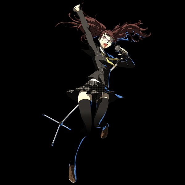 Anime picture 2048x2048 with persona 4 persona kujikawa rise soejima shigenori single long hair highres open mouth simple background brown hair twintails holding yellow eyes looking away bent knee (knees) arms up black background skirt lift jumping singing
