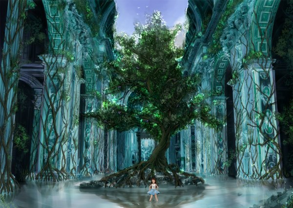 Anime picture 1200x850 with original yorimitsu (artist) single long hair brown hair black eyes landscape ruins girl plant (plants) tree (trees) sundress roots