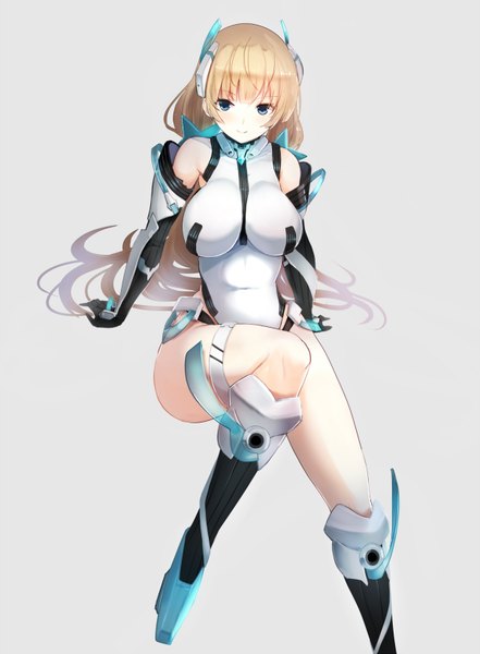 Anime picture 1200x1632 with expelled from paradise angela balzac sumisu (mondo) single long hair tall image looking at viewer breasts blue eyes light erotic simple background blonde hair large breasts sitting twintails bent knee (knees) light smile grey background low twintails girl