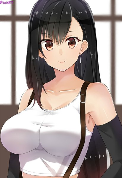 Anime picture 600x875 with final fantasy final fantasy vii square enix tifa lockhart isshiki (ffmania7) single long hair tall image looking at viewer blush fringe breasts light erotic black hair large breasts brown eyes signed girl earrings crop top