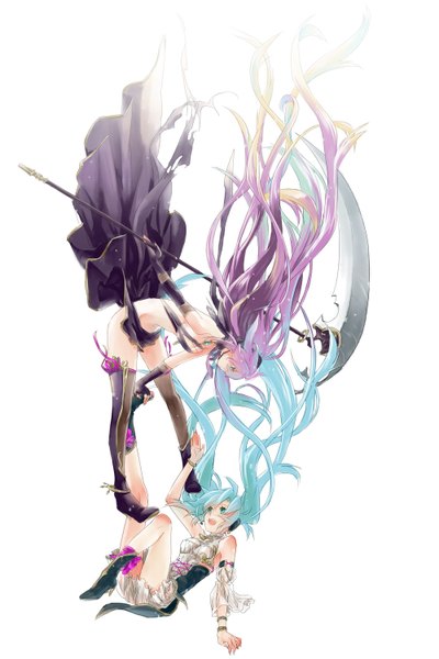 Anime picture 1000x1500 with vocaloid hatsune miku megurine luka long hair tall image open mouth light erotic simple background white background bare shoulders multiple girls pink hair aqua eyes aqua hair girl dress weapon 2 girls pantyhose headphones