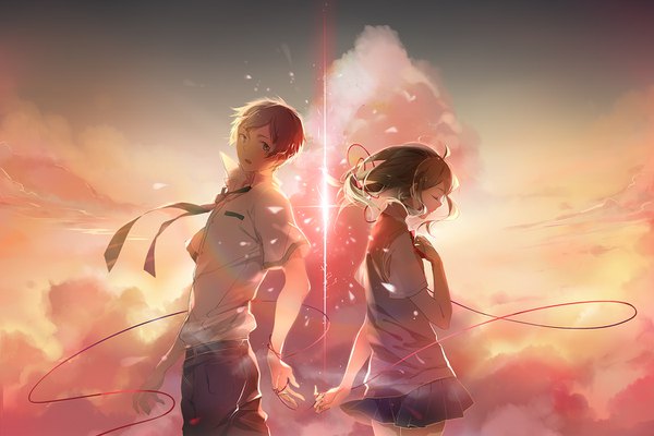 Anime picture 1500x1000 with kimi no na wa miyamizu mitsuha tachibana taki eyokiki long hair fringe short hair open mouth brown hair standing payot looking away sky cloud (clouds) ahoge eyes closed profile pleated skirt looking back sunlight