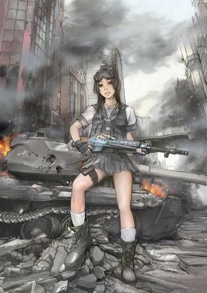 Anime picture 1272x1800 with original kuratch single long hair tall image looking at viewer open mouth light erotic black hair red eyes holding pleated skirt smoke ruins military girl skirt gloves uniform underwear