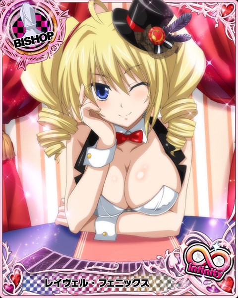 Anime picture 640x800 with highschool dxd ravel phenex single long hair tall image looking at viewer breasts blue eyes light erotic blonde hair smile twintails cleavage one eye closed wink drill hair card (medium) girl hat mini hat