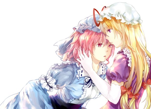 Anime picture 1713x1240 with touhou yakumo yukari saigyouji yuyuko augetsix long hair highres short hair simple background blonde hair red eyes white background purple eyes multiple girls pink hair shoujo ai girl dress gloves 2 girls elbow gloves