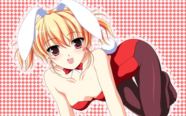 Anime picture 1920x1200 with kakesu single highres short hair open mouth light erotic simple background blonde hair red eyes wide image bunny ears bunny girl bunny tail girl bowtie bunnysuit