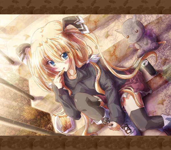 Anime picture 1600x1400 with original inoshishi (ikatomo) single long hair blush blue eyes blonde hair finger to mouth girl thighhighs black thighhighs boots sweater toy stuffed animal