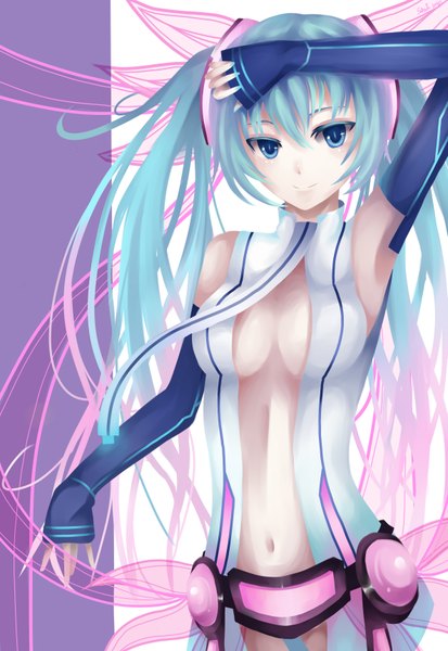 Anime picture 2370x3444 with vocaloid vocaloid append hatsune miku hatsune miku (append) stari long hair tall image highres blue eyes twintails green hair girl navel detached sleeves necktie
