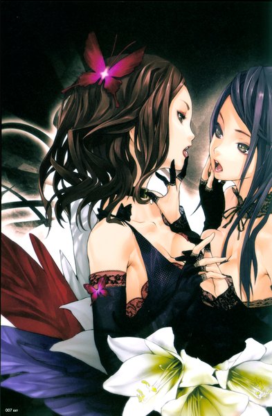 Anime picture 2759x4205 with vocaloid magnet (vocaloid) redjuice long hair tall image highres open mouth light erotic black hair brown hair multiple girls brown eyes yellow eyes cleavage purple hair holding hands finger to mouth shoujo ai interlocked fingers curly hair