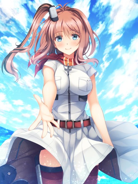 Anime picture 1200x1600 with kantai collection saratoga (kantai collection) imachireki single long hair tall image looking at viewer blush breasts blue eyes smile brown hair sky cloud (clouds) outstretched arm girl thighhighs dress