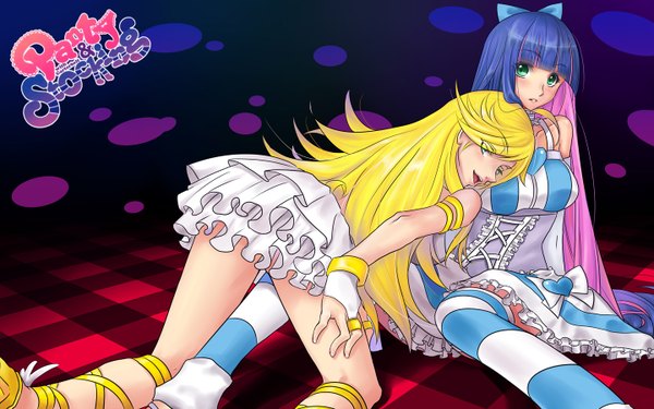 Anime picture 1440x900 with panty & stocking with garterbelt anarchy stocking anarchy panty miniyu (artist) long hair blonde hair wide image multiple girls green eyes blue hair pink hair multicolored hair two-tone hair colored inner hair checkered floor girl thighhighs dress 2 girls striped thighhighs