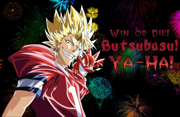 Anime picture 1650x1080 with eyeshield 21 production i.g hiruma youichi blonde hair pointy ears teeth fang (fangs) wallpaper grin demon fireworks boy earrings