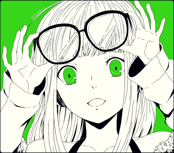 Anime picture 800x701 with persona 5 persona sakura futaba kawasemi sumika single long hair looking at viewer fringe open mouth green eyes signed blunt bangs twitter username monochrome face green background eyewear removed girl glasses