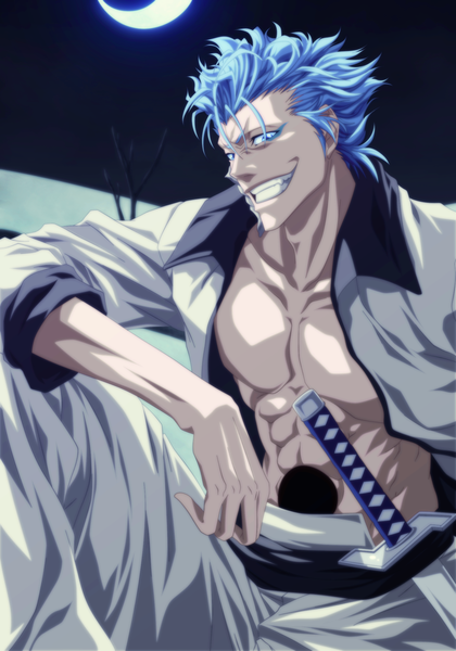 Anime picture 1539x2200 with bleach studio pierrot grimmjow jeagerjaques jbeenz single tall image short hair blue eyes smile blue hair japanese clothes grin coloring muscle espada boy weapon sword belt kimono