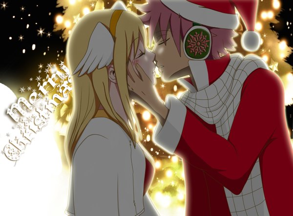 Anime picture 1600x1181 with fairy tail lucy heartfilia natsu dragneel smaliorsha long hair short hair blonde hair pink hair eyes closed profile couple christmas head wings merry christmas almost kiss girl boy scarf santa claus hat
