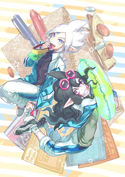 Anime picture 850x1201 with inazuma eleven inazuma eleven go inazuma eleven go galaxy gandaresu baran ryugeru baran yanyo (ogino atsuki) long hair tall image looking at viewer open mouth black hair smile purple eyes white hair pointy ears multiple boys facial mark boy shoes 2 boys