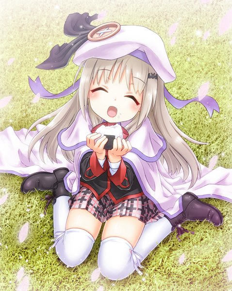 Anime picture 718x900 with little busters! key (studio) noumi kudryavka nonaka hako single long hair tall image blush fringe open mouth sitting holding eyes closed head tilt pleated skirt grey hair sunlight fang (fangs) zettai ryouiki wariza