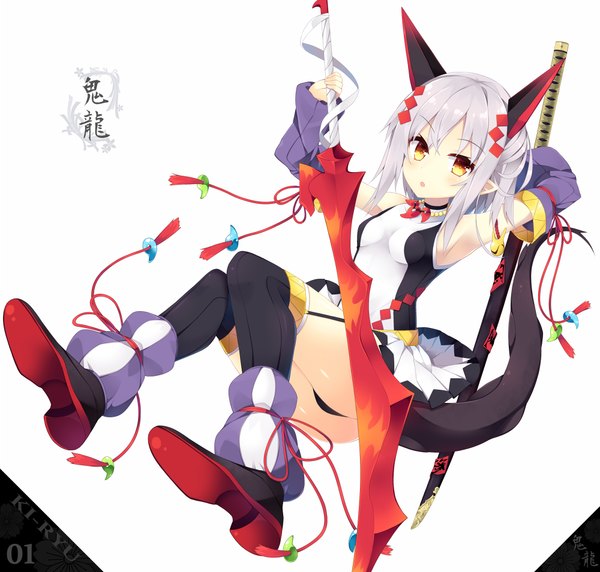 Anime picture 1000x954 with original nibiiro shizuka single looking at viewer blush fringe short hair breasts open mouth light erotic holding animal ears yellow eyes purple hair white hair tail pointy ears dual wielding knees touching girl
