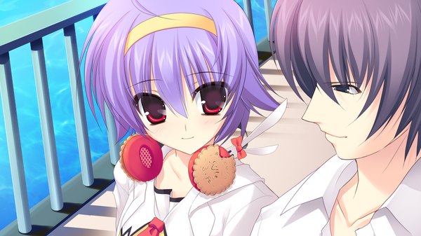 Anime picture 1280x720 with strawberry feels short hair black hair red eyes wide image game cg purple hair girl boy hairband headphones